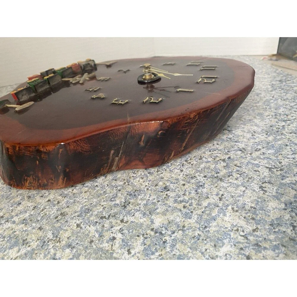 Vtg Hand Made Wood Slab Live Edge quarts wall  Clock w Train  Railroad Crossing
